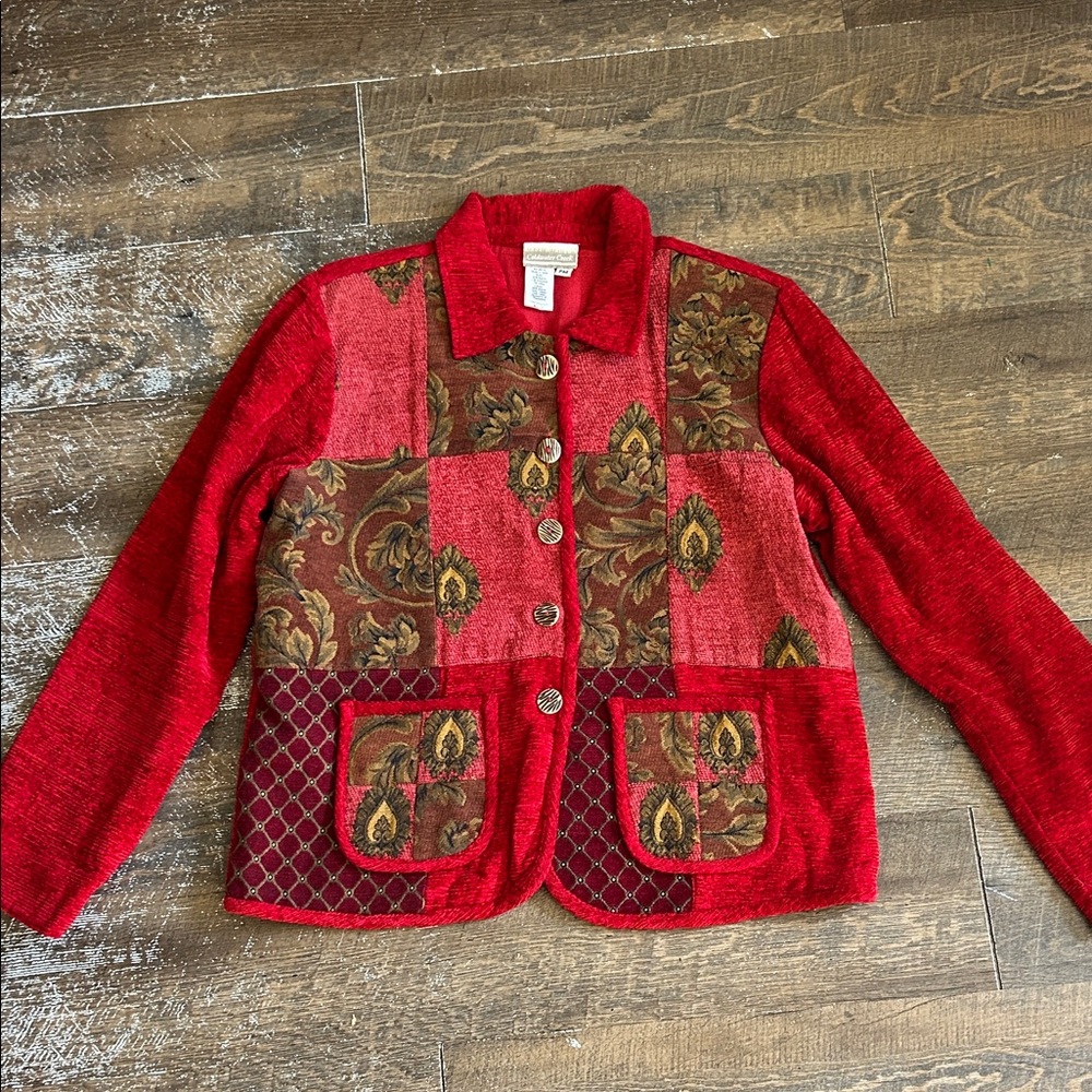 Coldwater Creek red patchwork button-front jacket tapestry and‎ quilted Med P